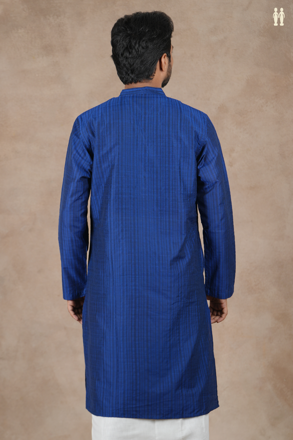 Chinese Collar Stripes Design Royal Blue Cotton Long Kurta