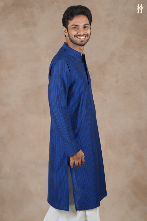 Chinese Collar Stripes Design Royal Blue Cotton Long Kurta