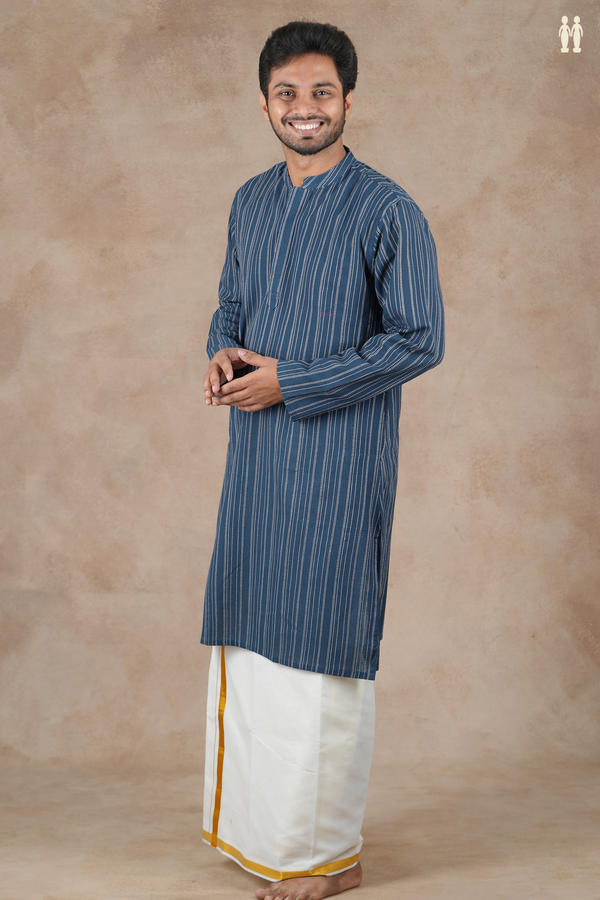 Chinese Collar Stripes Design Navy Blue Cotton Long Kurta