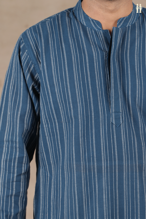 Chinese Collar Stripes Design Navy Blue Cotton Long Kurta
