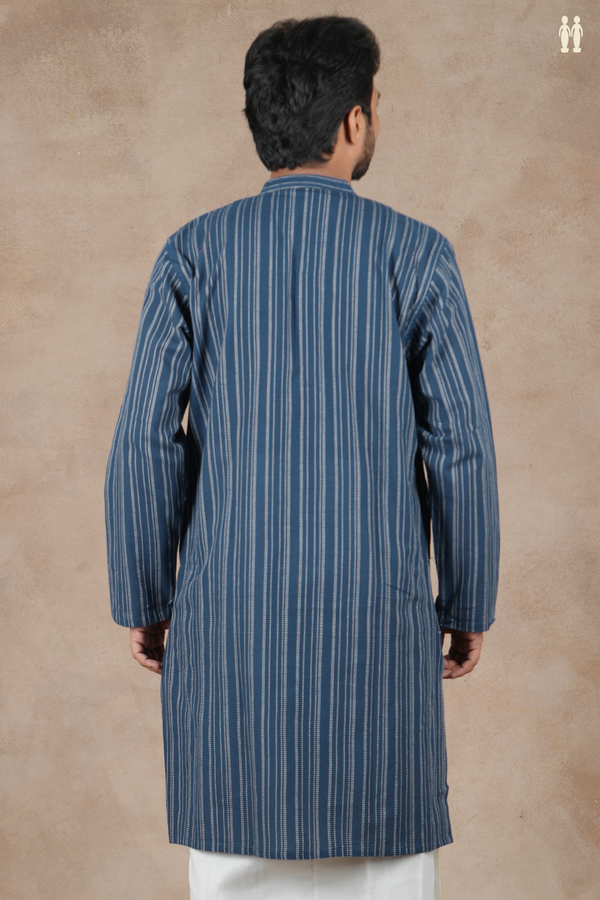 Chinese Collar Stripes Design Navy Blue Cotton Long Kurta