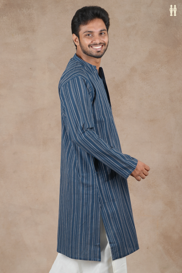 Chinese Collar Stripes Design Navy Blue Cotton Long Kurta