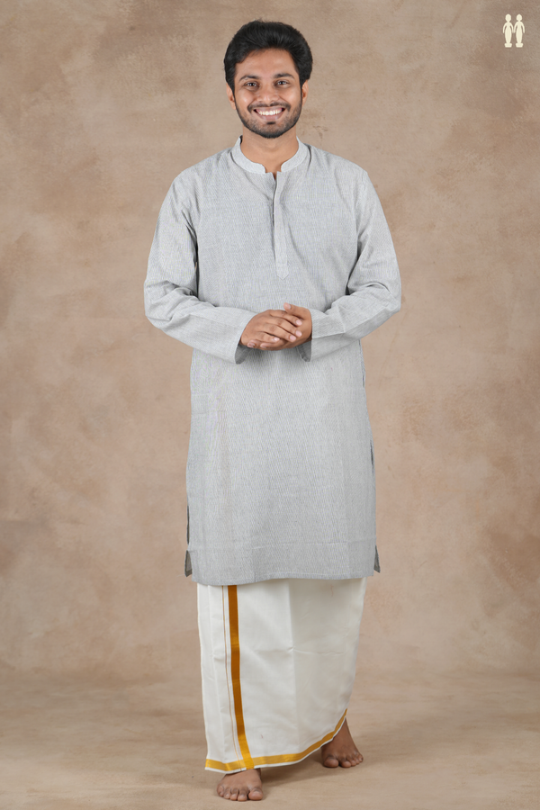 Chinese Collar Stripes Design Light Grey Cotton Long Kurta