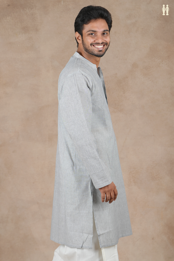 Chinese Collar Stripes Design Light Grey Cotton Long Kurta