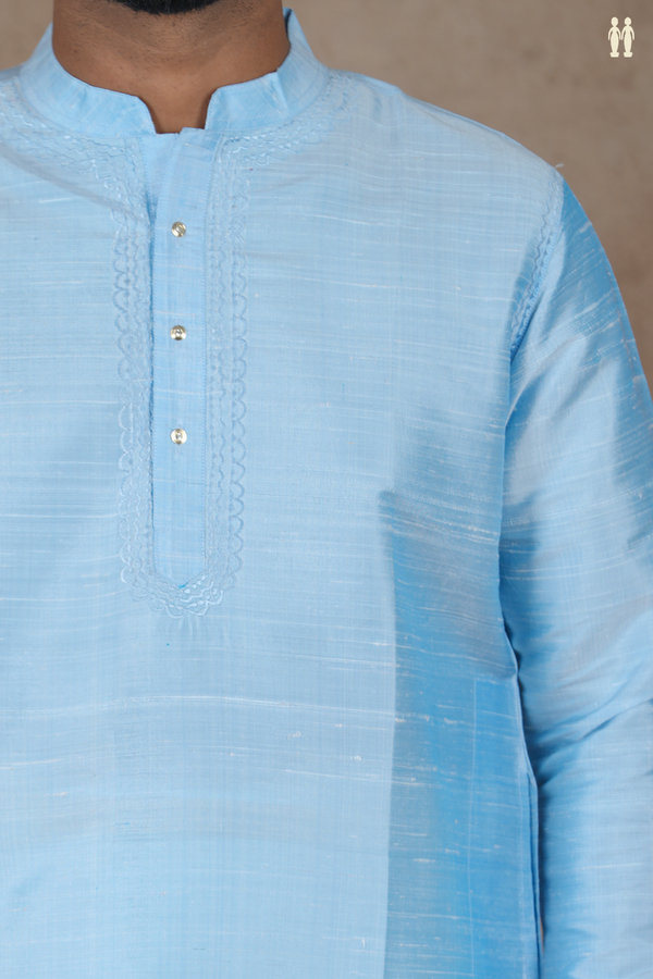 Chinese Collar Plain Sky Blue Raw Silk Long Kurta