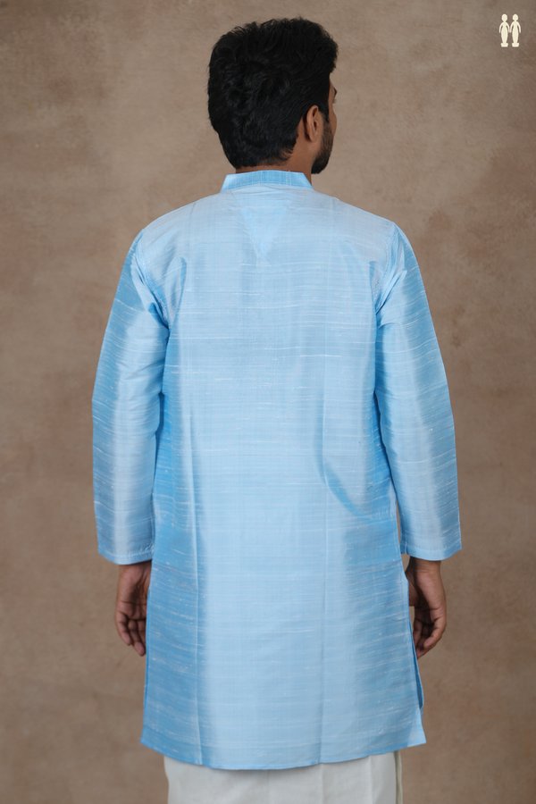 Chinese Collar Plain Sky Blue Raw Silk Long Kurta