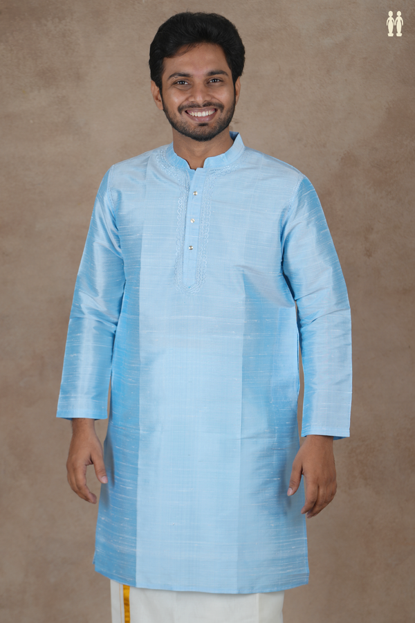 Chinese Collar Plain Sky Blue Raw Silk Long Kurta