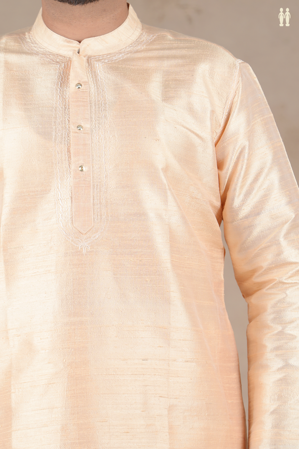 Chinese Collar Plain Blush Orange Raw Silk Long Kurta