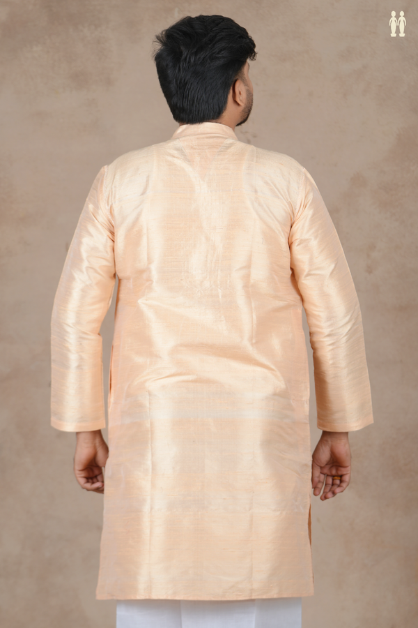Chinese Collar Plain Blush Orange Raw Silk Long Kurta