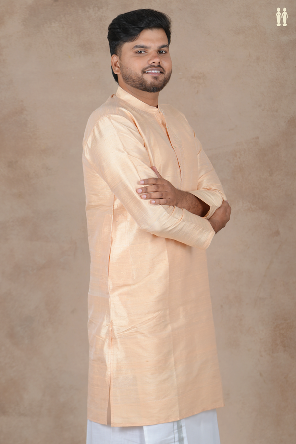 Chinese Collar Plain Blush Orange Raw Silk Long Kurta
