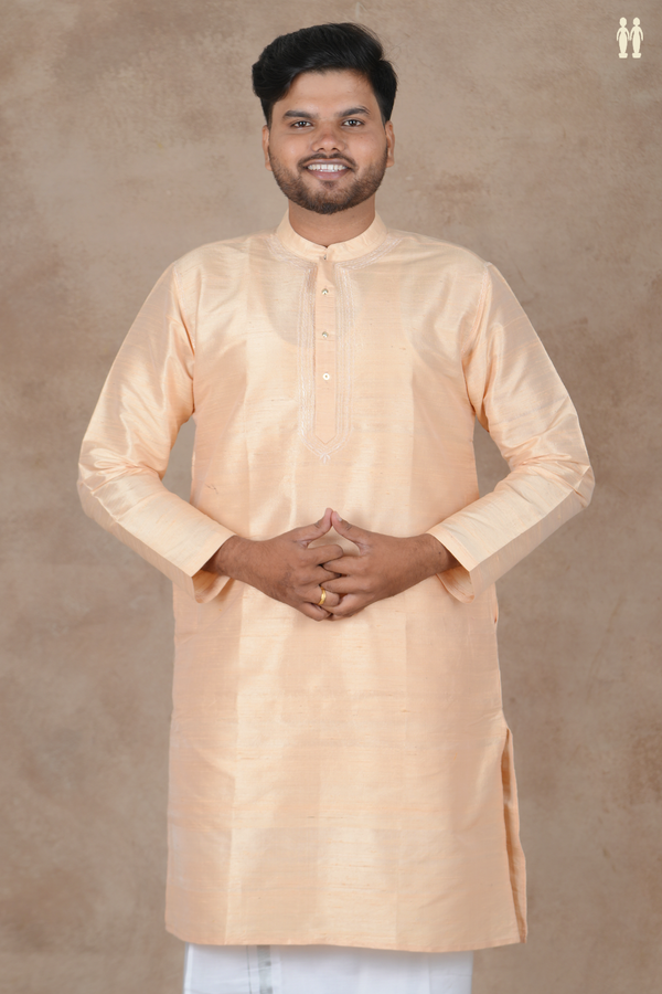Chinese Collar Plain Blush Orange Raw Silk Long Kurta
