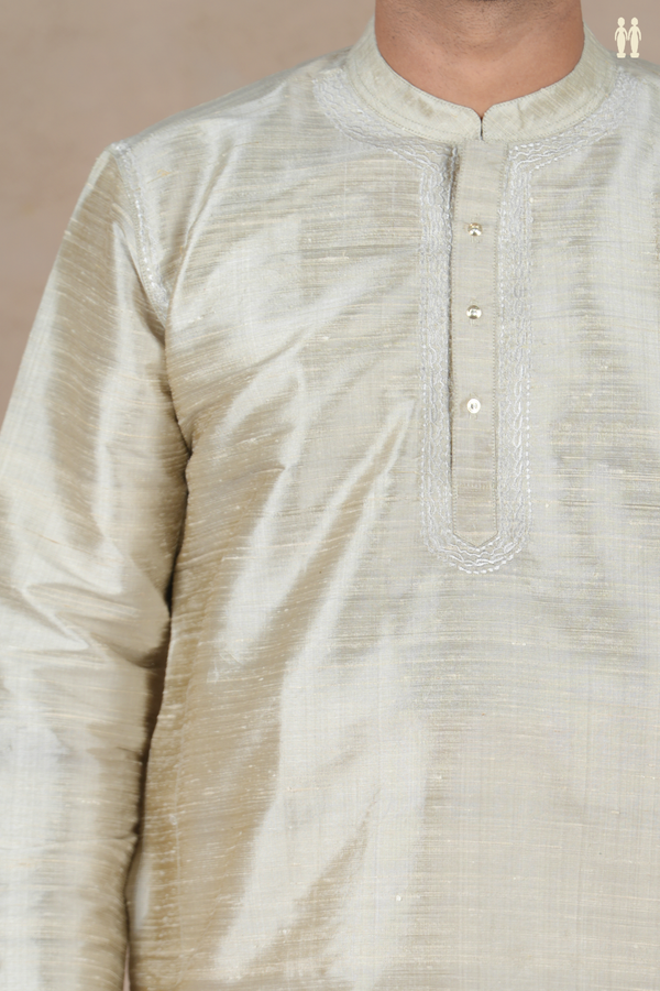 Chinese Collar Plain Greenish Beige Raw Silk Long Kurta