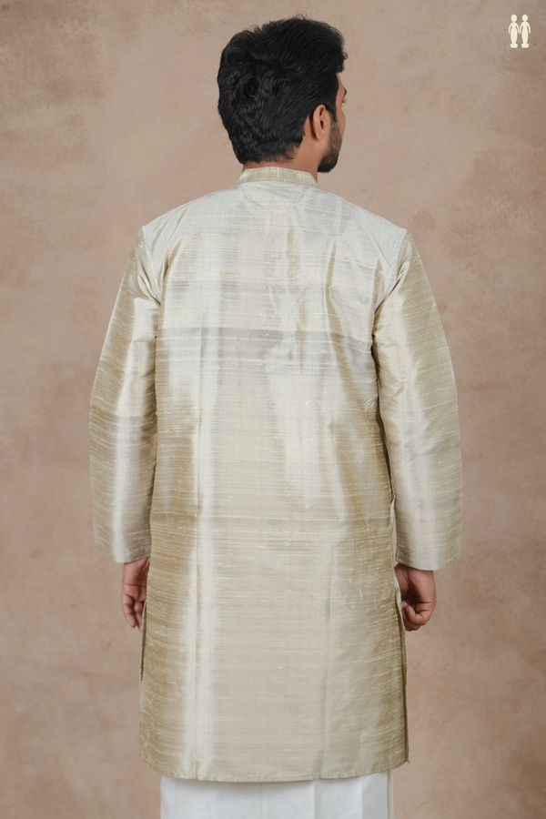 Chinese Collar Plain Greenish Beige Raw Silk Long Kurta