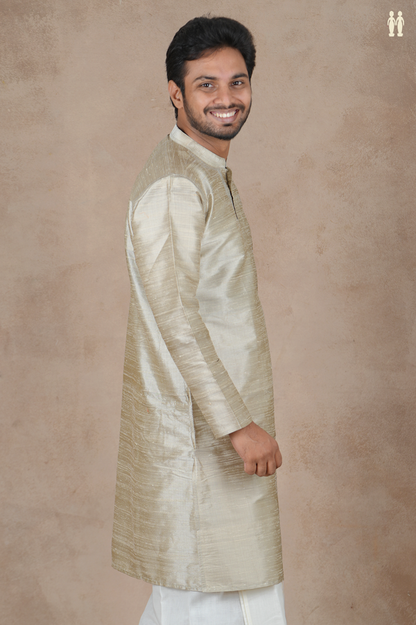 Chinese Collar Plain Greenish Beige Raw Silk Long Kurta