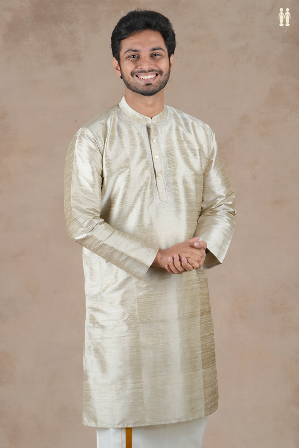 Chinese Collar Plain Greenish Beige Raw Silk Long Kurta