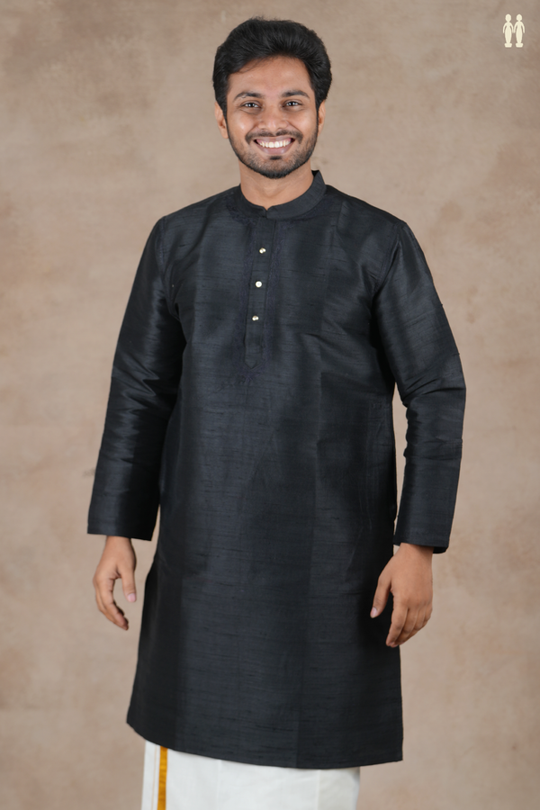 Chinese Collar Plain Black Raw Silk Short Kurta