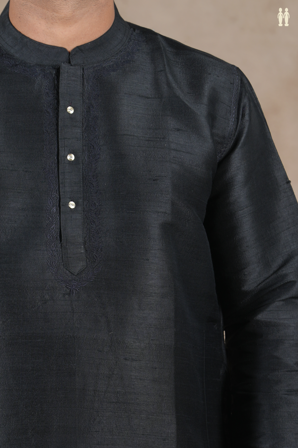 Chinese Collar Plain Black Raw Silk Short Kurta