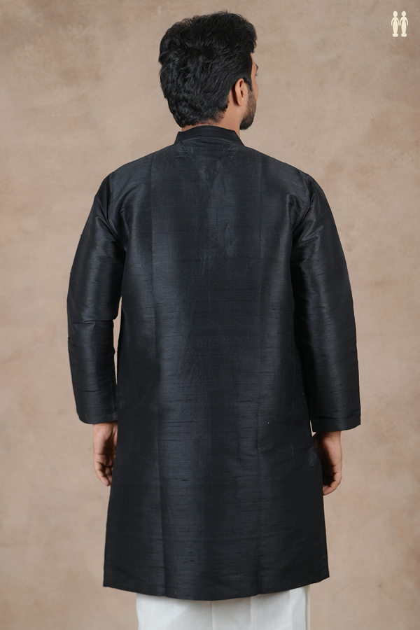 Chinese Collar Plain Black Raw Silk Short Kurta