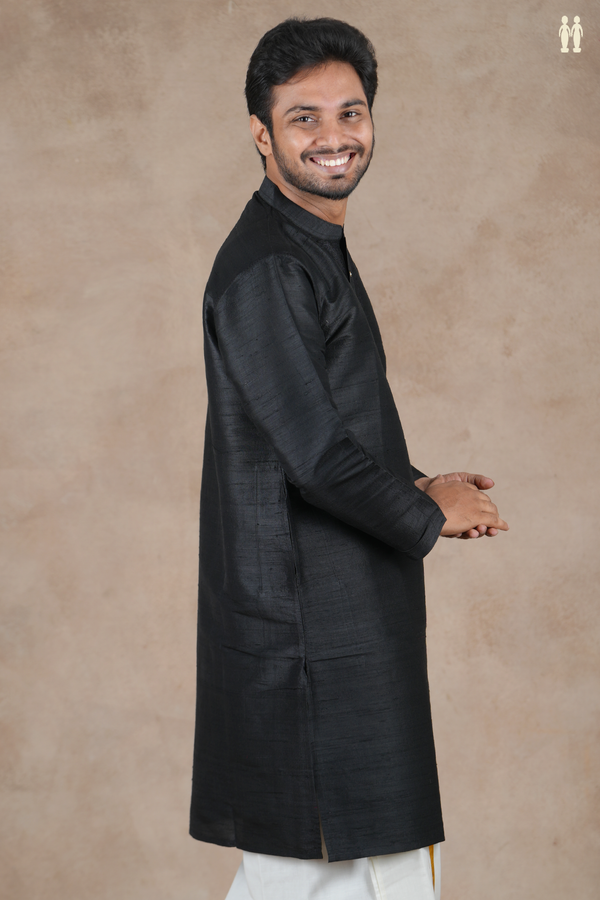 Chinese Collar Plain Black Raw Silk Short Kurta