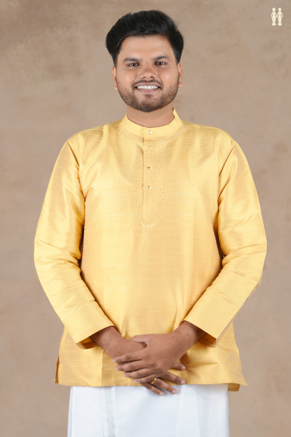 Chinese Collar Plain Yellow Raw Silk Short Kurta