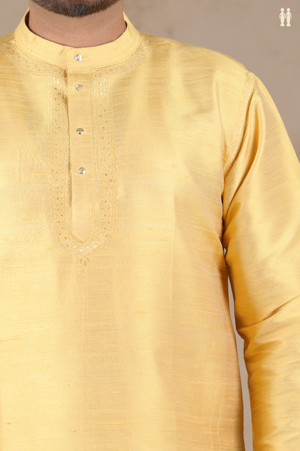 Chinese Collar Plain Yellow Raw Silk Short Kurta