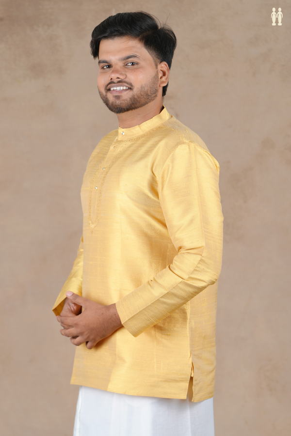 Chinese Collar Plain Yellow Raw Silk Short Kurta