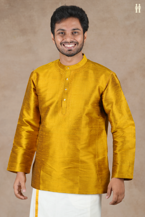 Chinese Collar Plain Golden Yellow Raw Silk Short Kurta