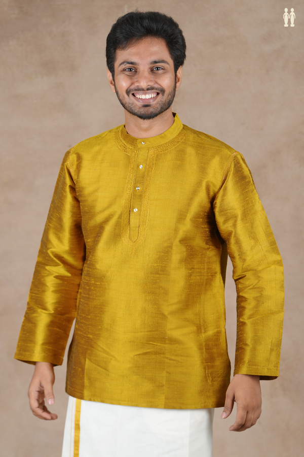 Chinese Collar Plain Golden Yellow Raw Silk Short Kurta
