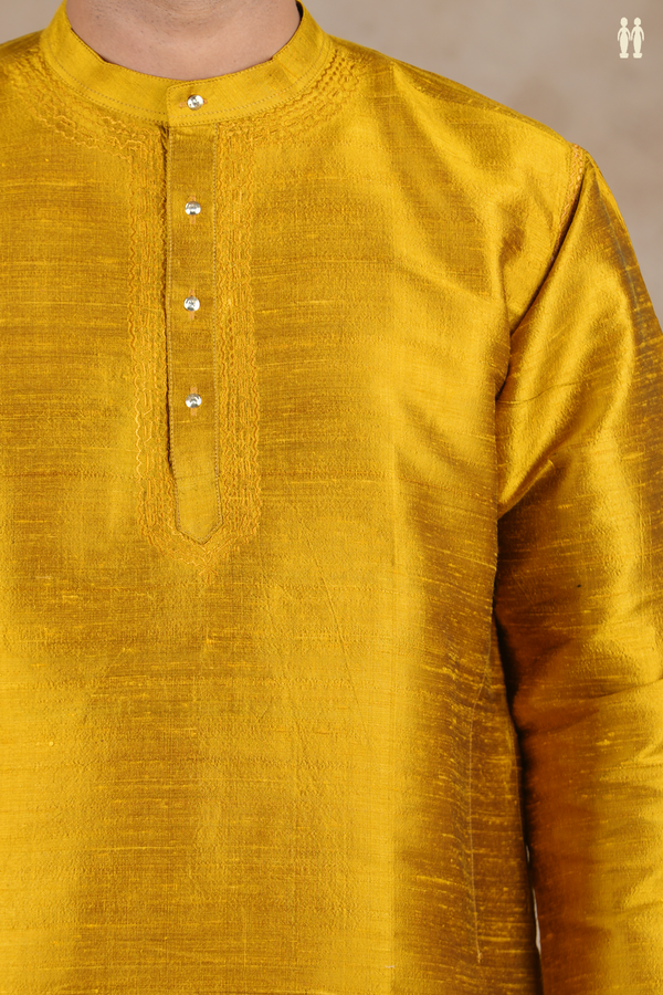 Chinese Collar Plain Golden Yellow Raw Silk Short Kurta