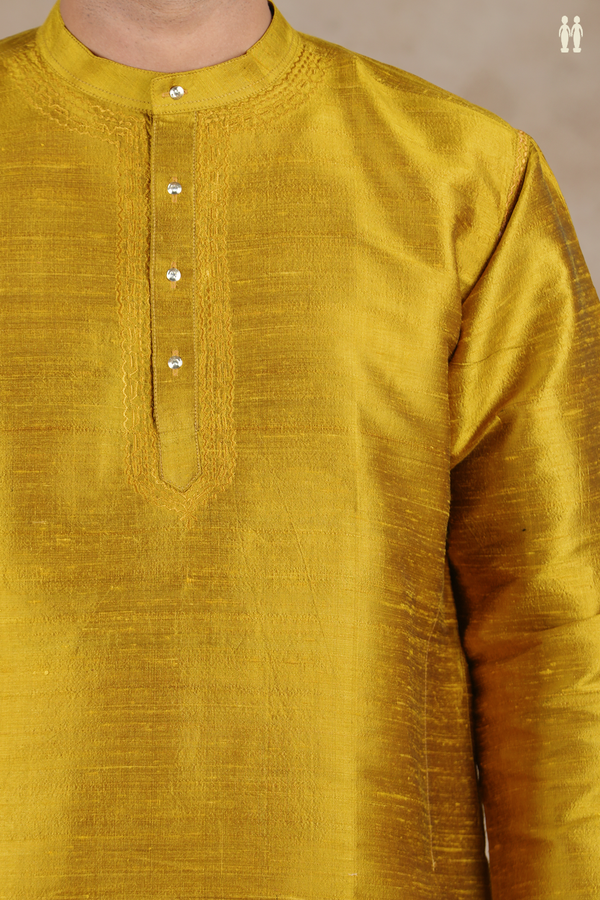 Chinese Collar Plain Golden Yellow Raw Silk Short Kurta