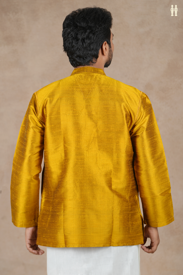 Chinese Collar Plain Golden Yellow Raw Silk Short Kurta