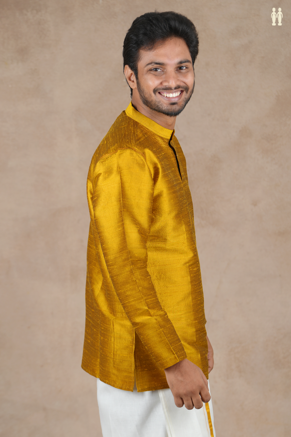 Chinese Collar Plain Golden Yellow Raw Silk Short Kurta