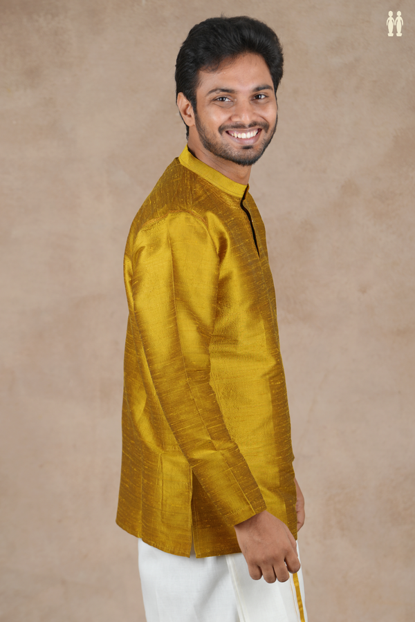 Chinese Collar Plain Golden Yellow Raw Silk Short Kurta