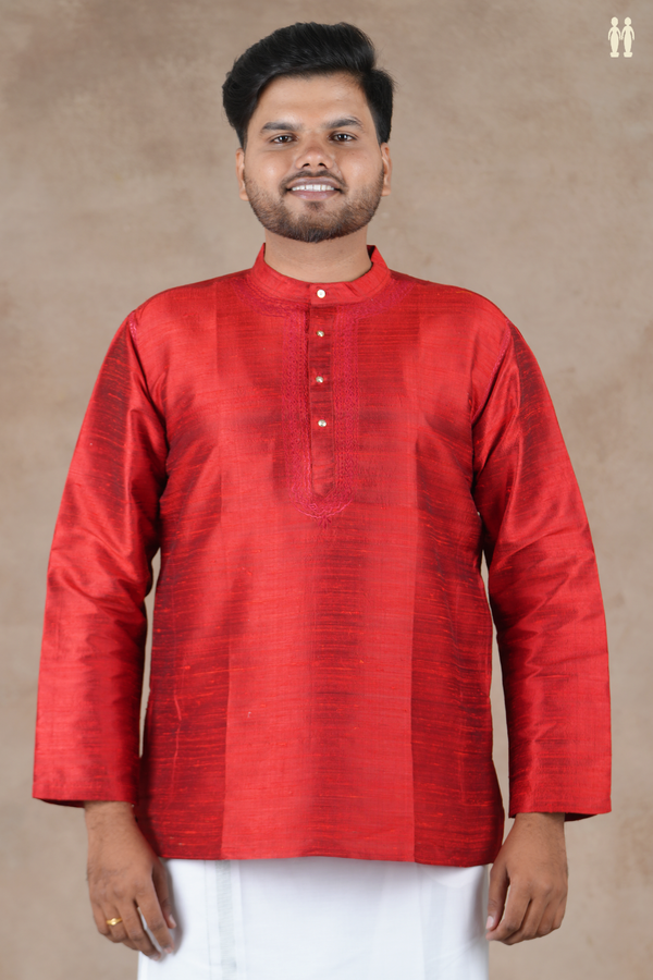 Chinese Collar Plain Scarlet Red Raw Silk Short Kurta