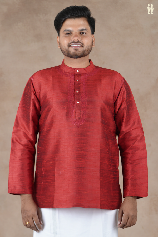 Chinese Collar Plain Scarlet Red Raw Silk Short Kurta