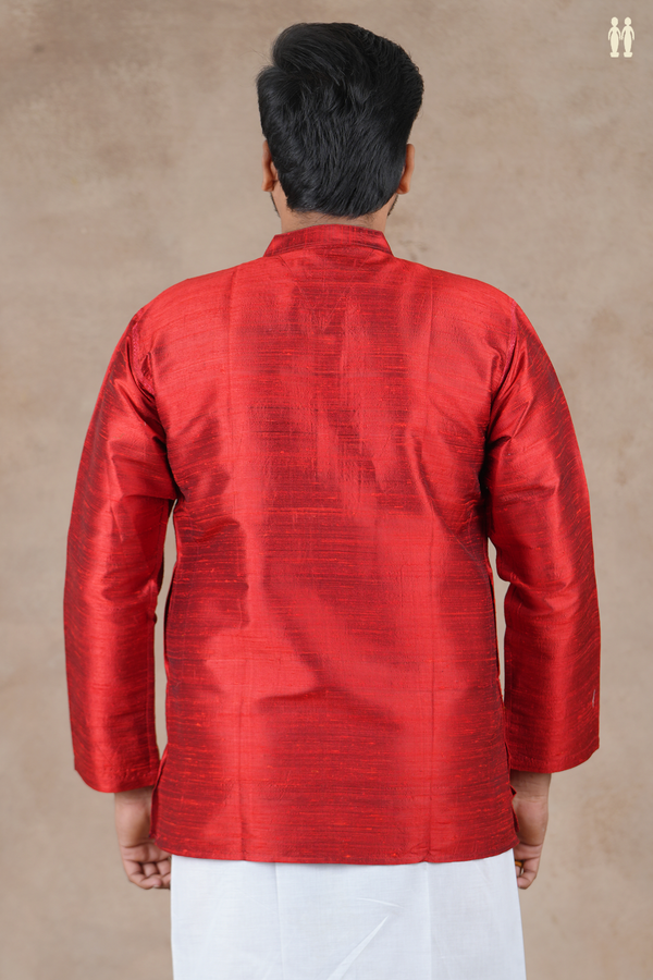 Chinese Collar Plain Scarlet Red Raw Silk Short Kurta