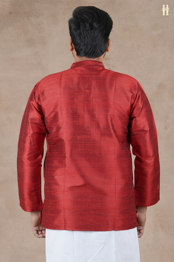 Chinese Collar Plain Scarlet Red Raw Silk Short Kurta