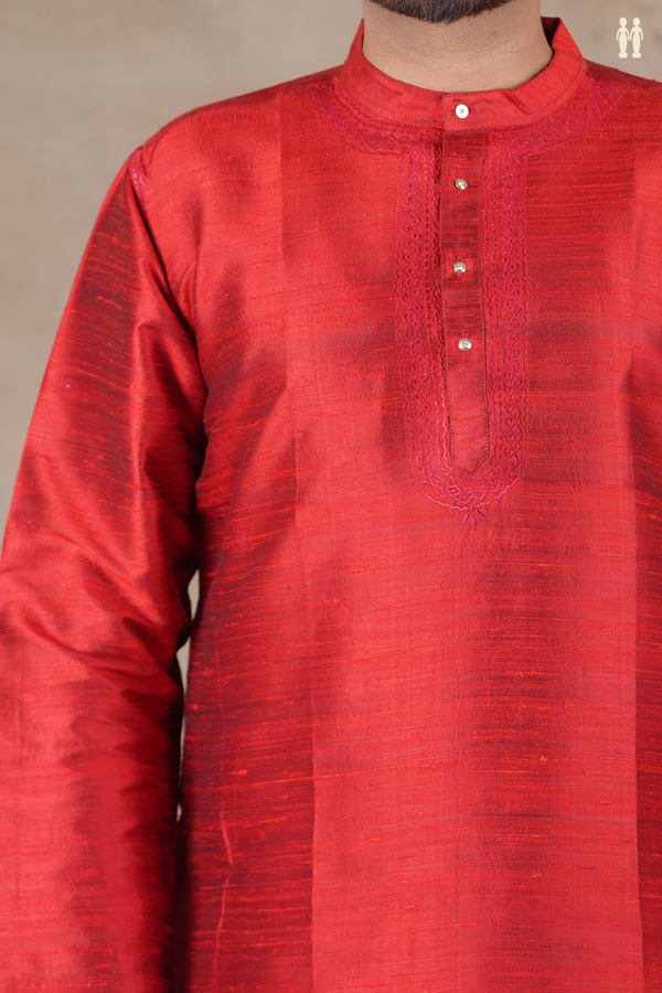 Chinese Collar Plain Scarlet Red Raw Silk Short Kurta