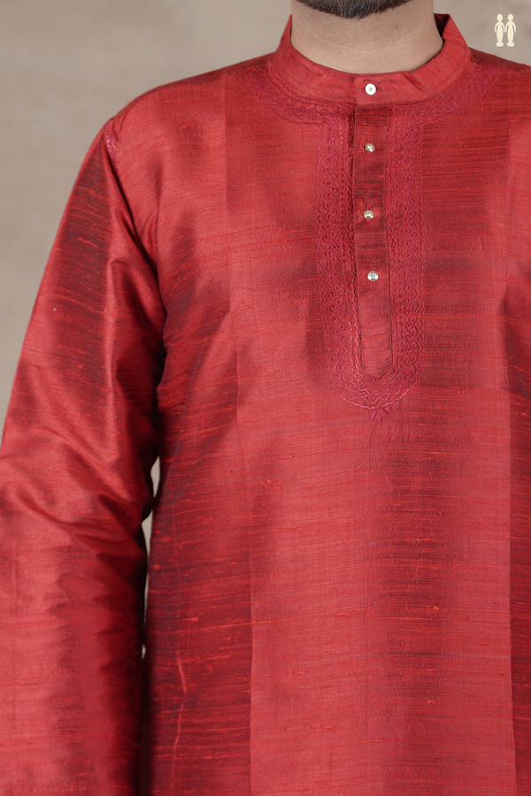 Chinese Collar Plain Scarlet Red Raw Silk Short Kurta