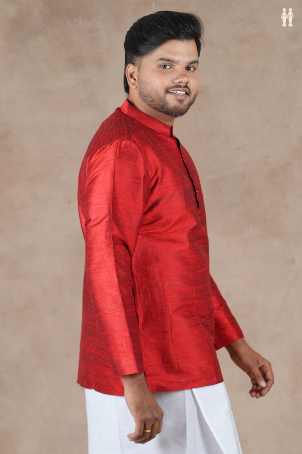 Chinese Collar Plain Scarlet Red Raw Silk Short Kurta