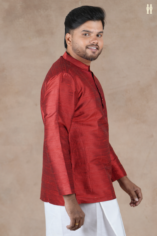 Chinese Collar Plain Scarlet Red Raw Silk Short Kurta