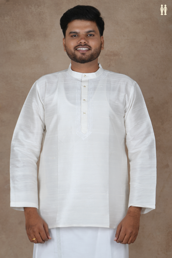 Chinese Collar Plain White Raw Silk Short Kurta