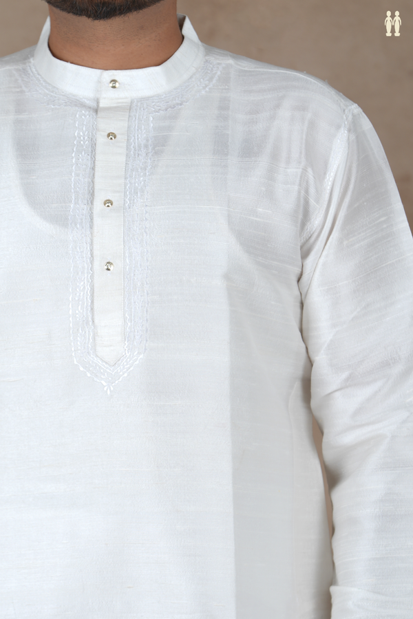 Chinese Collar Plain White Raw Silk Short Kurta