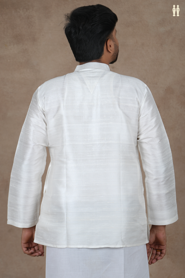Chinese Collar Plain White Raw Silk Short Kurta