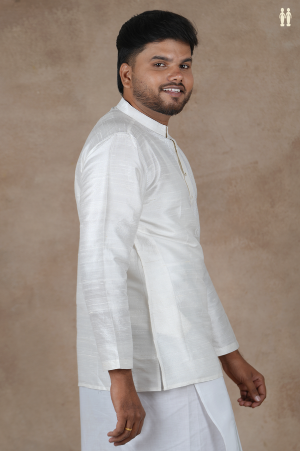 Chinese Collar Plain White Raw Silk Short Kurta