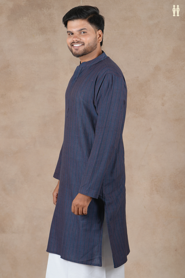 Chinese Collar Stripes Design Prussian Blue Cotton Long Kurta