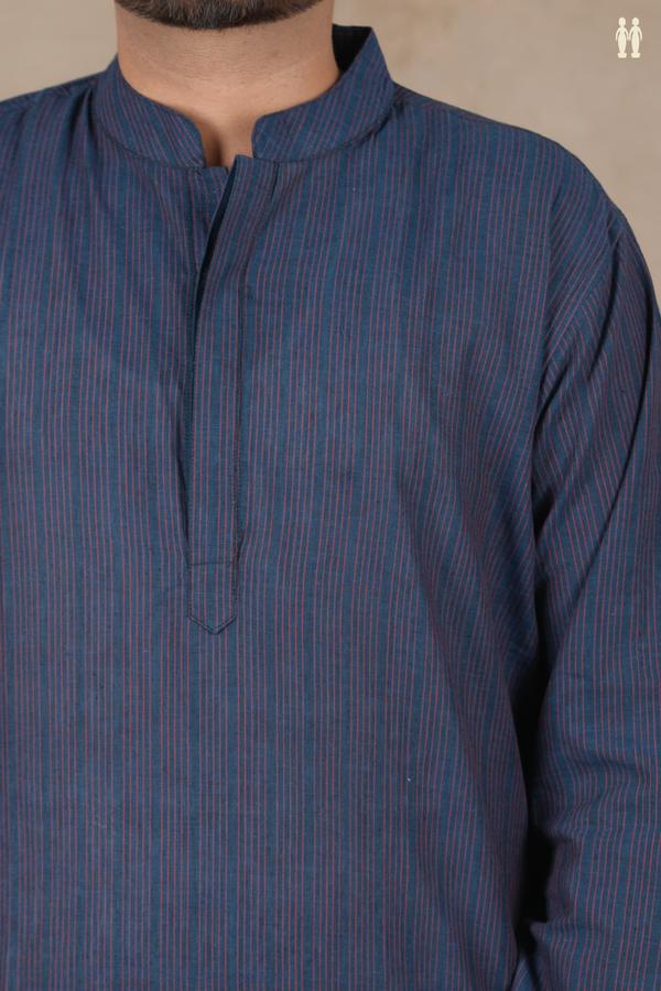 Chinese Collar Stripes Design Prussian Blue Cotton Long Kurta