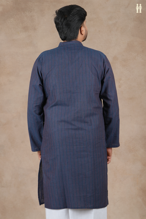 Chinese Collar Stripes Design Prussian Blue Cotton Long Kurta