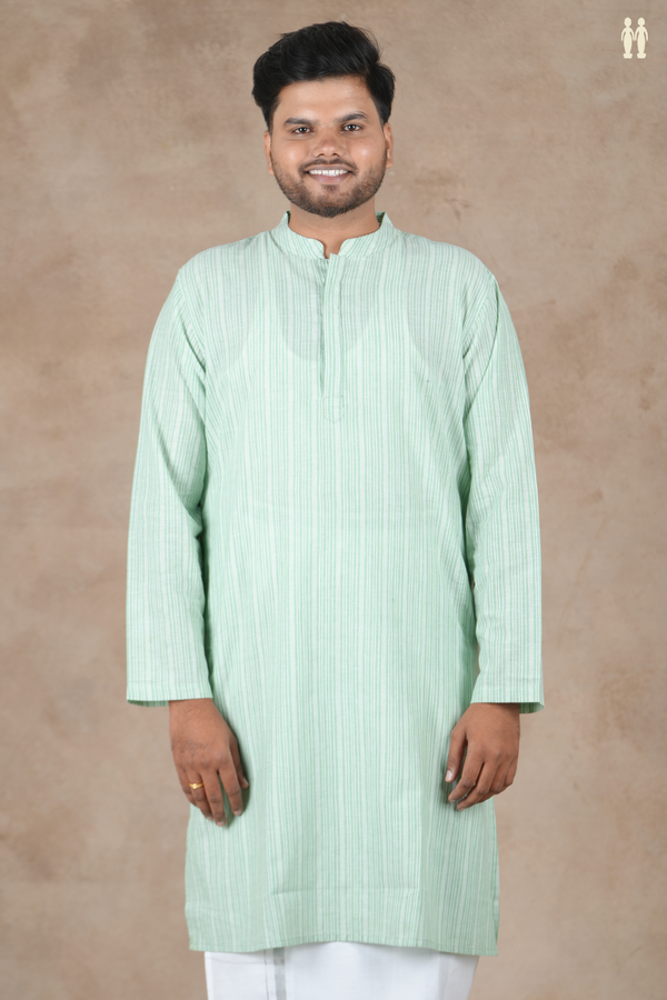 Chinese Collar Stripes Design Green Cotton Long Kurta