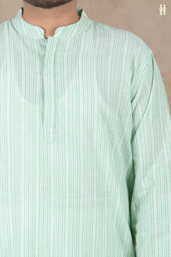 Chinese Collar Stripes Design Green Cotton Long Kurta